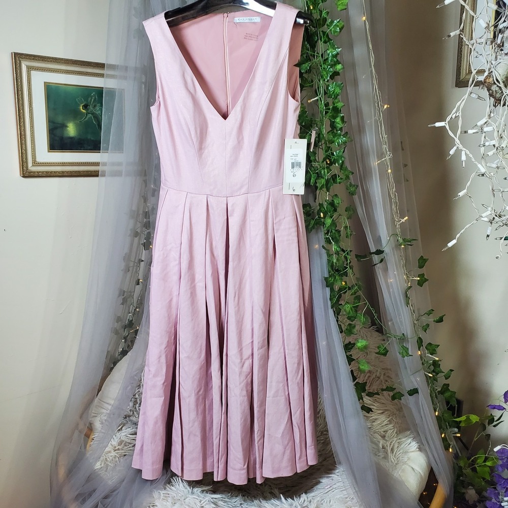 Kay Unger Pink Cocktail Formal Midi Fit & Flare Dress Sleeveless V Neck NWT Flaw